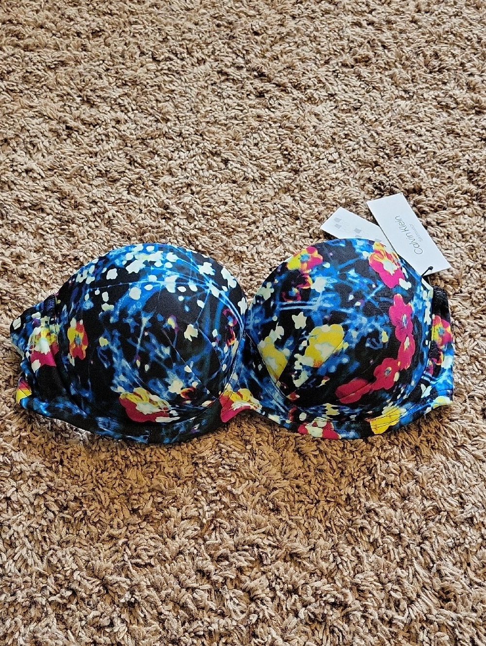 Calvin Klein Black Floral Strapless Bikini Top with Underwire